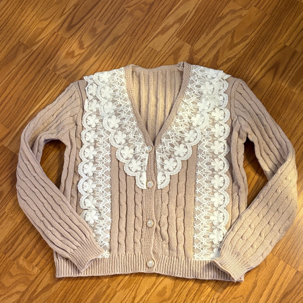 Women's Beige Cardigan Sweater with Lace Detail